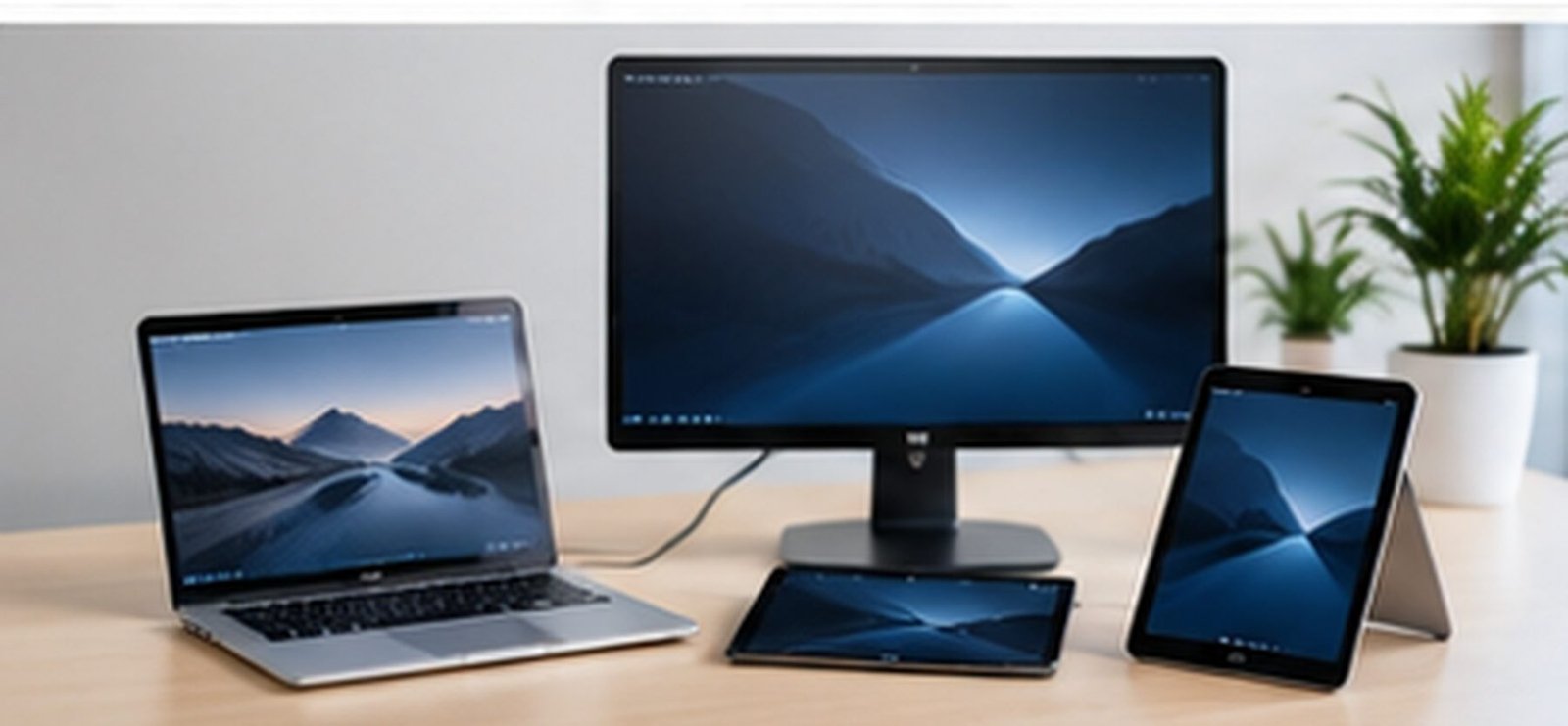 A responsive business website shown on a desktop monitor, laptop and tablet