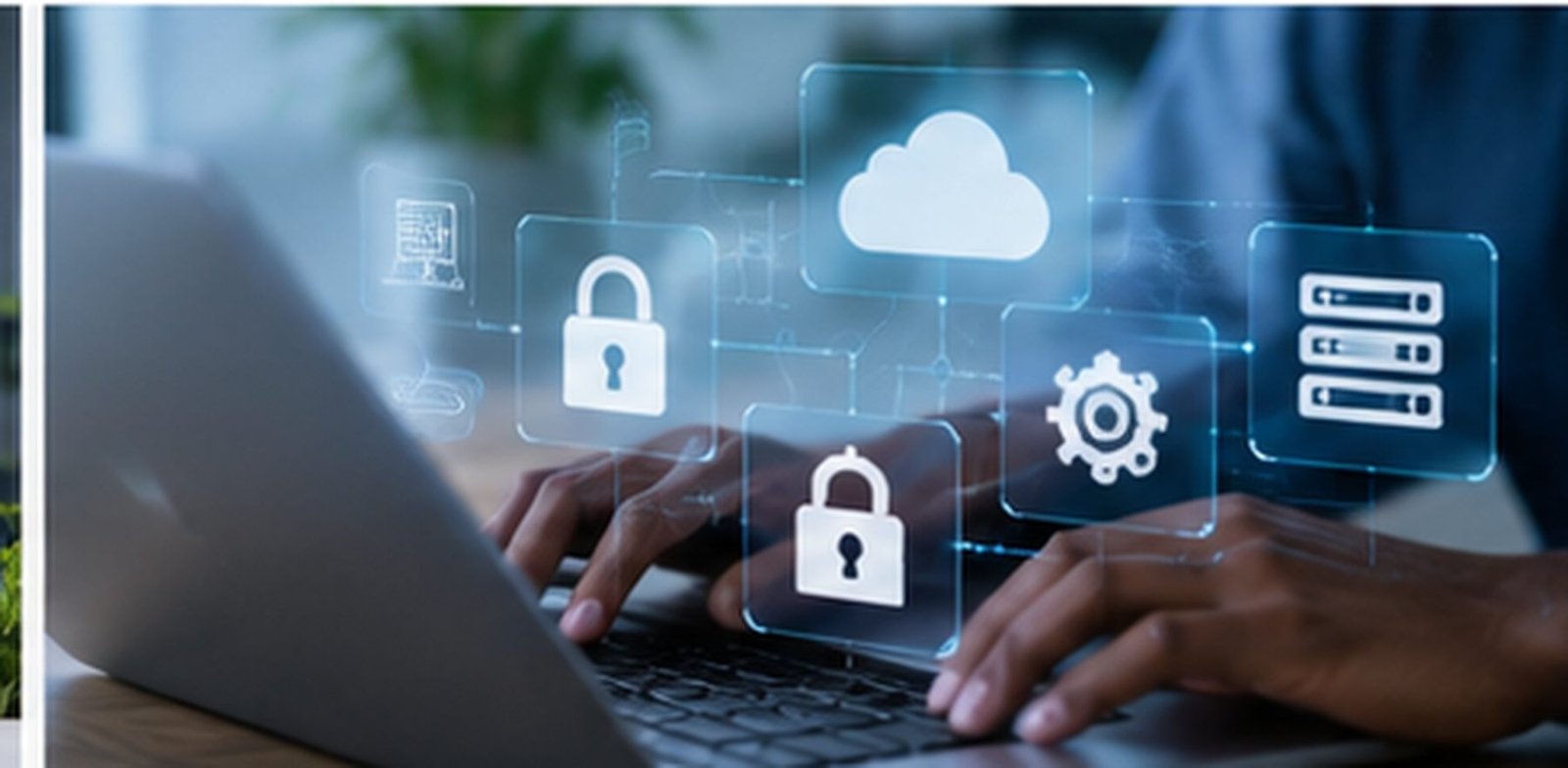 Website performance and security icons floating above a laptop keyboard